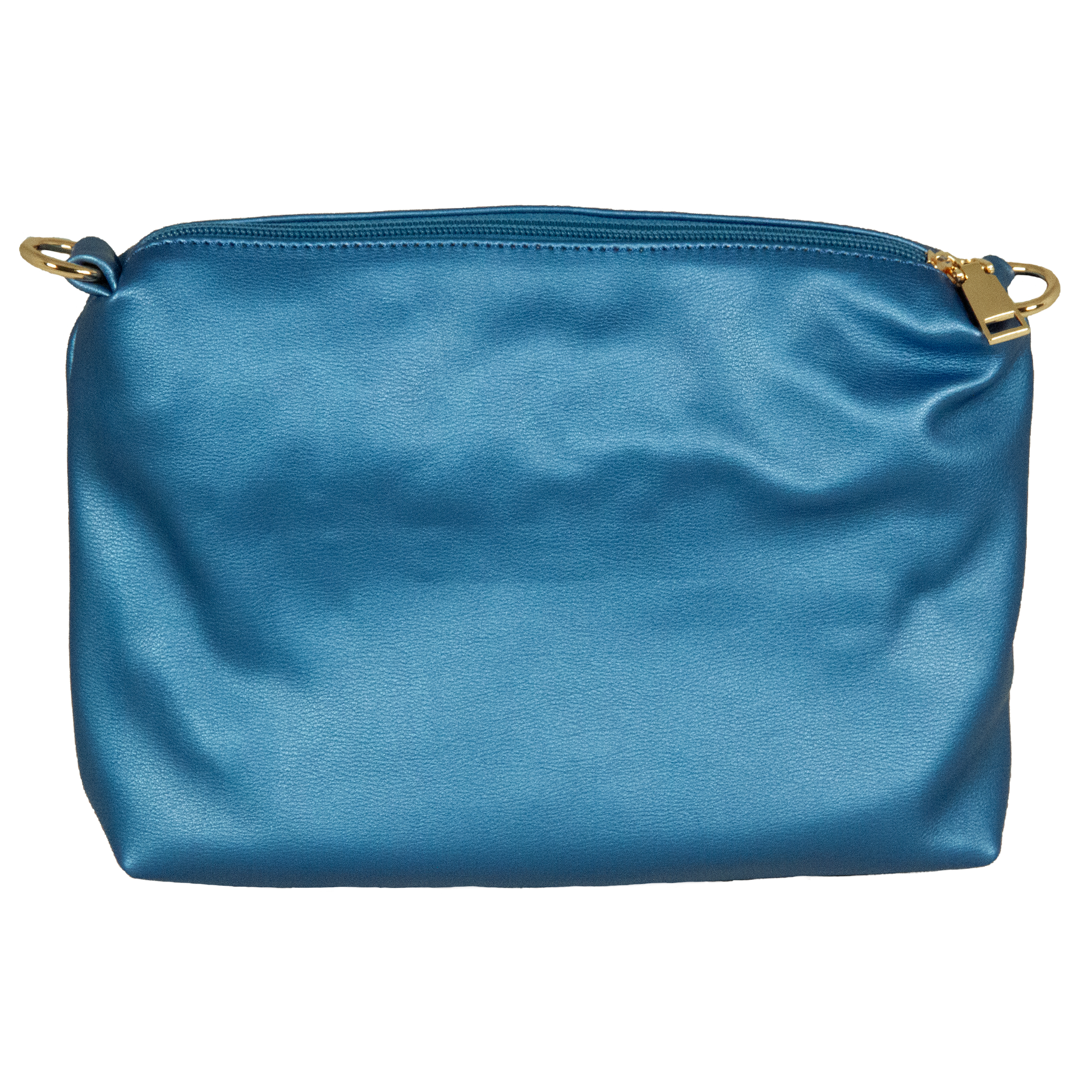 Blue pouch with a gold zipper on a white background