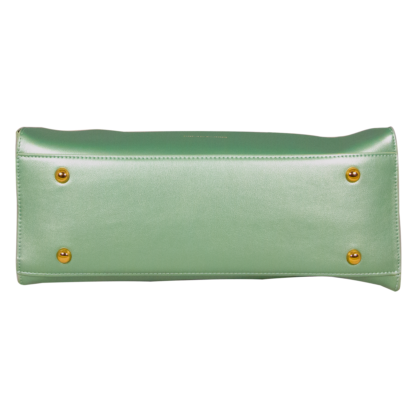 Green clutch bag with gold accents on a white background