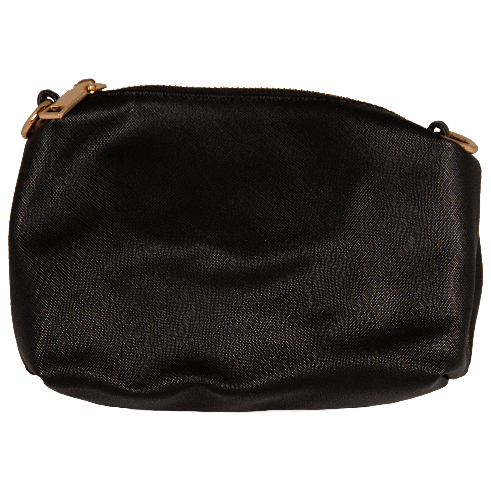 Black pouch with gold zipper on a white background