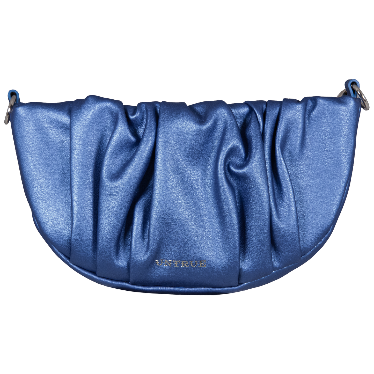 Blue satin handbag with branding on a white background
