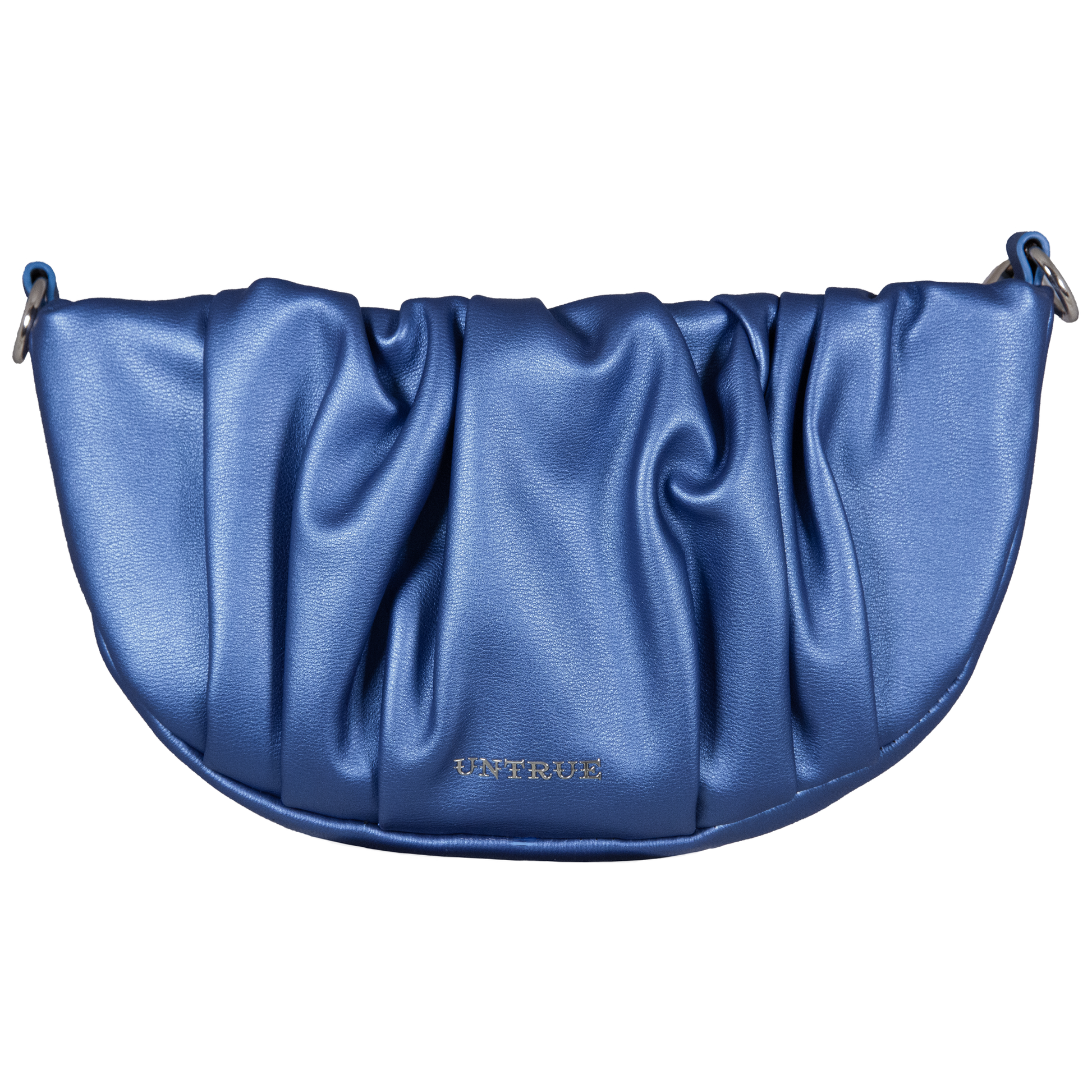 Blue satin handbag with branding on a white background