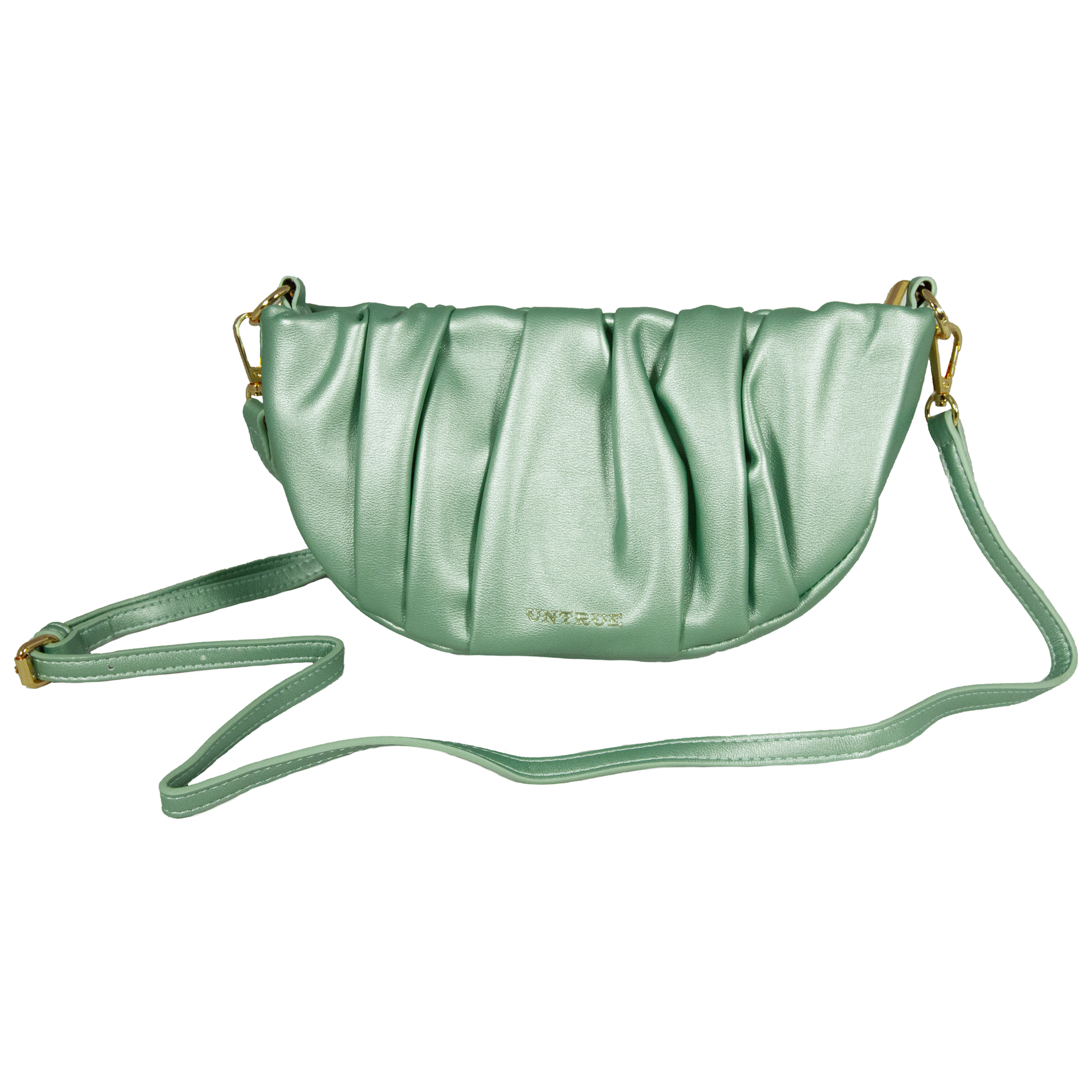 Green handbag with a strap on a white background