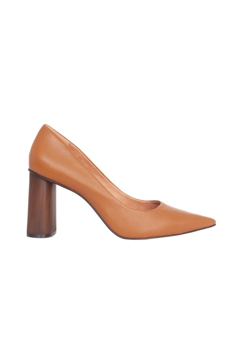 Tan high-heeled shoe on a white background