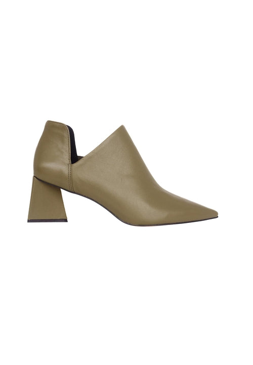 Beige ankle boot with a block heel on a white background