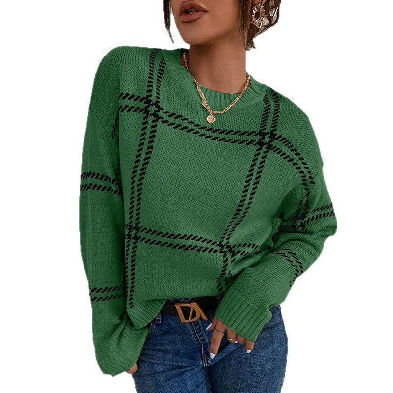 Women's Plaid Color Block Crew Neck Sweater