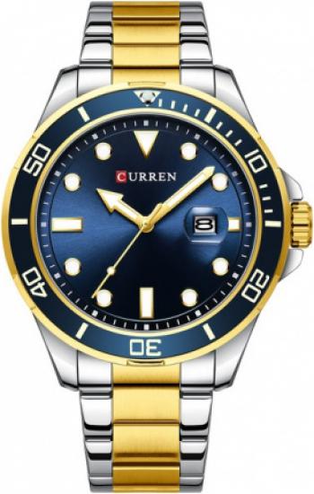 Wristwatch with blue dial and gold and silver band on a white background