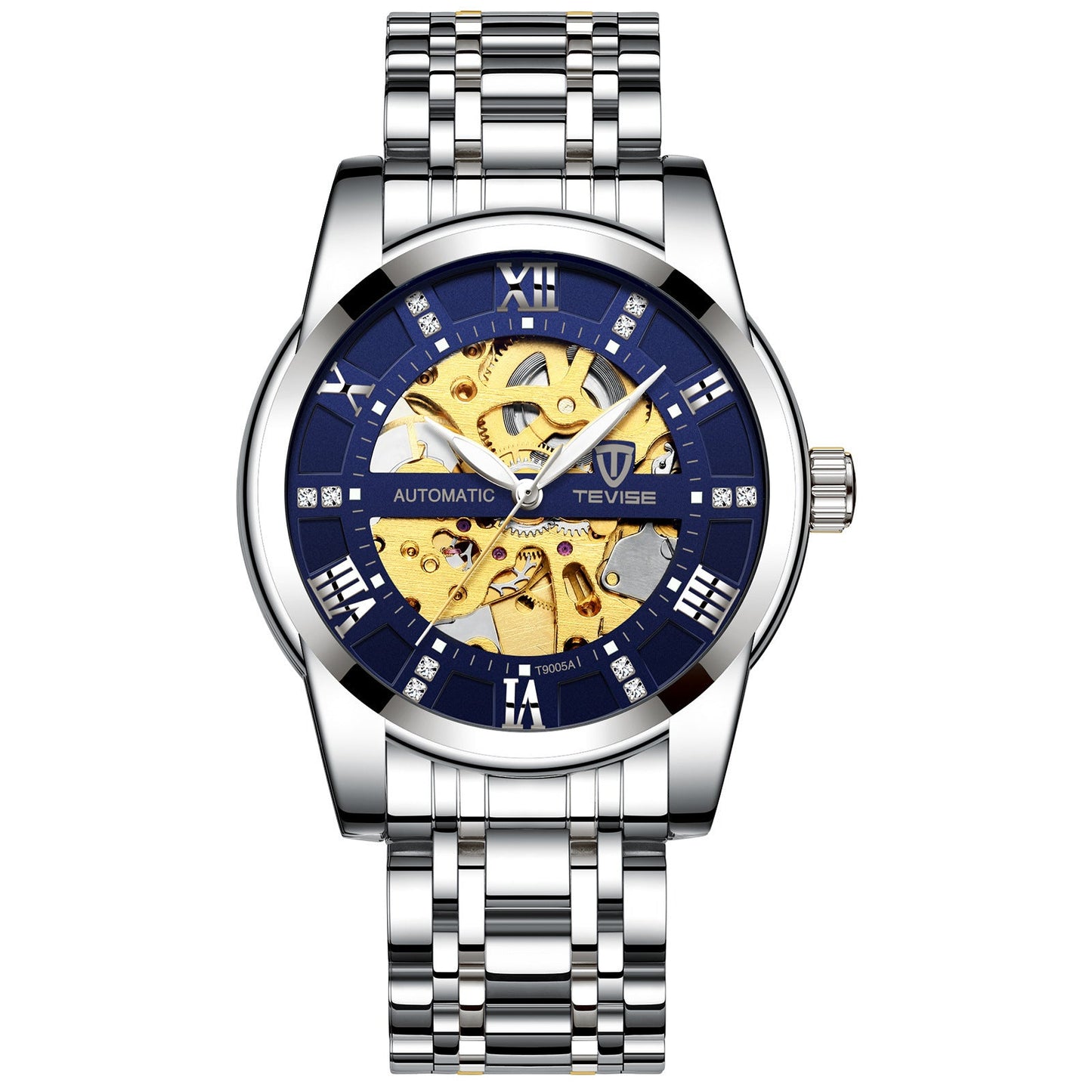 Silver watch with blue and visible brand name on a white background
