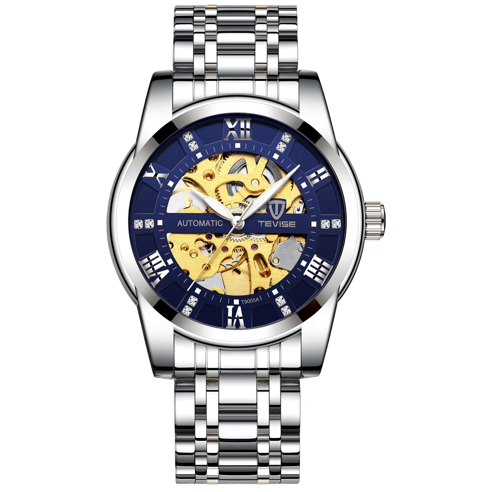 Silver watch with blue and visible brand name on a white background