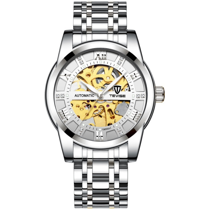 Silver wristwatch with a visible mechanical movement on a white background