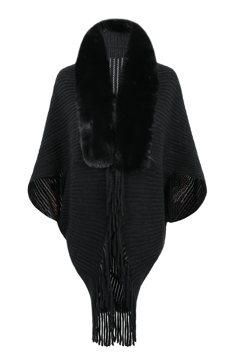 Black poncho with fur collar and fringe on a white background