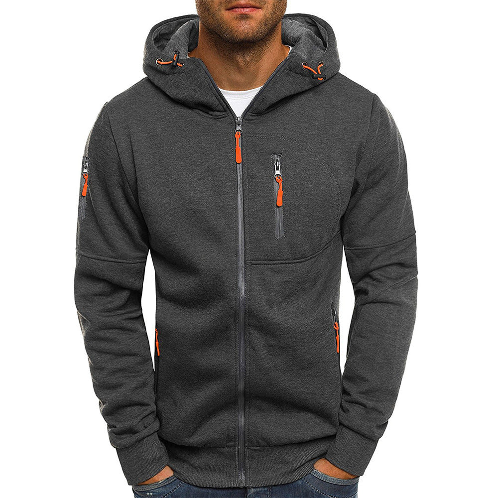 Men's Zip-Up Hooded Sweater - Solid Color Cardigan