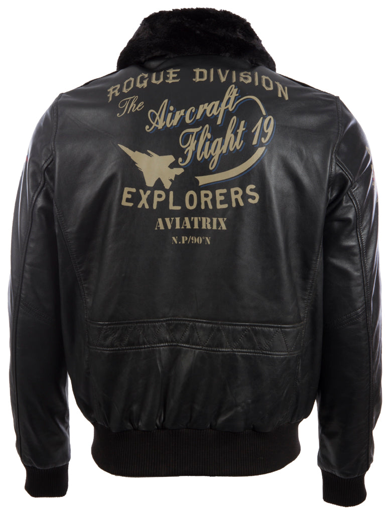 Black leather jacket with gold text on the back on a white background