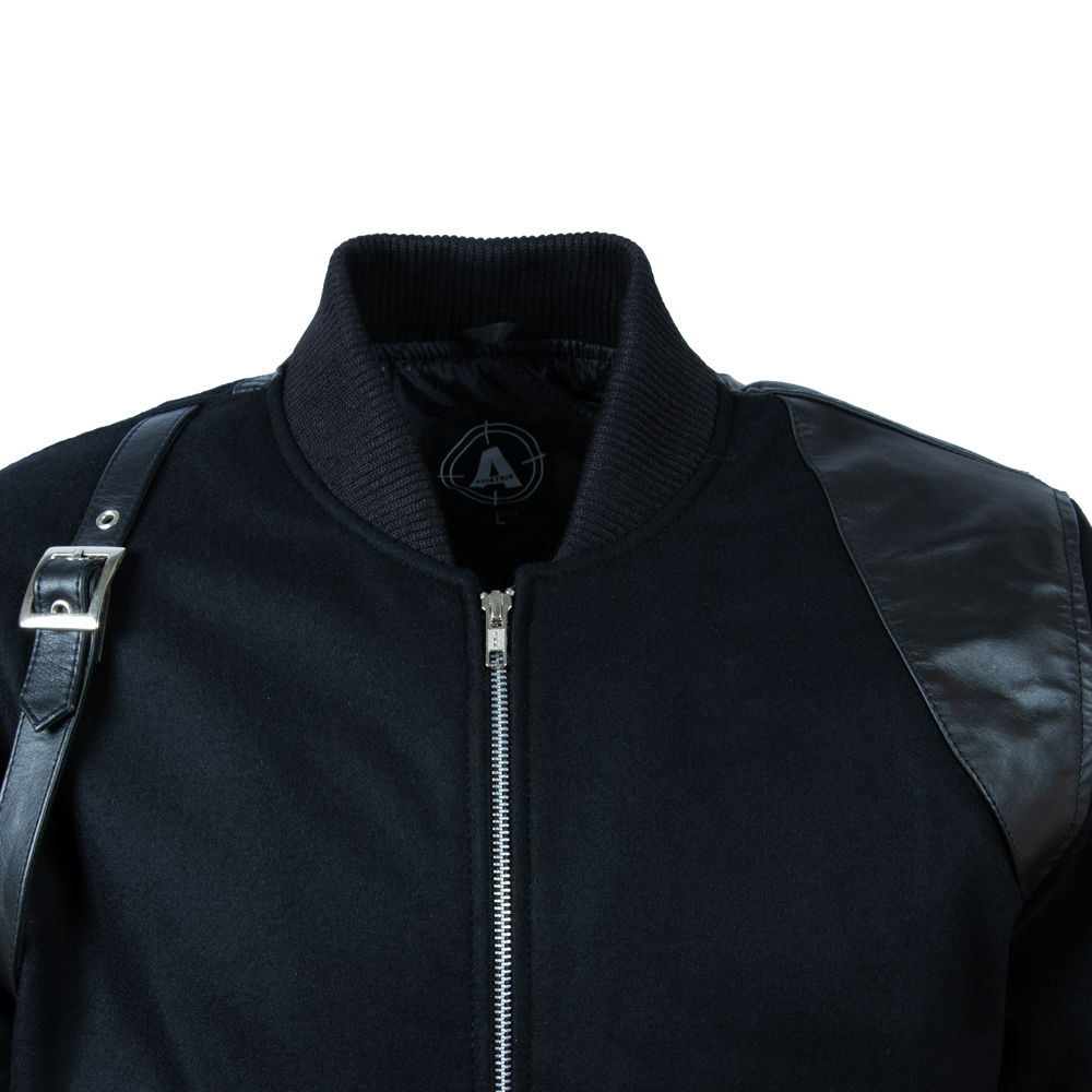 Men's Black Holster Strap Bomber - Leather & Wool