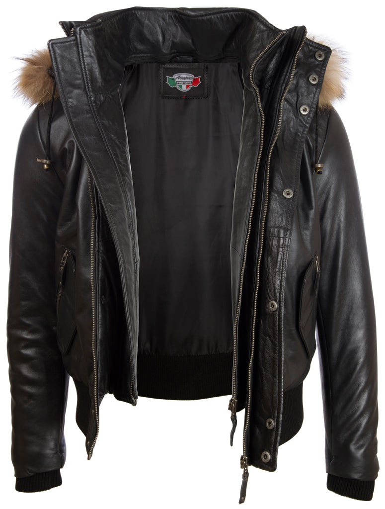 Men's Black Leather Bomber Jacket - Fur Hood