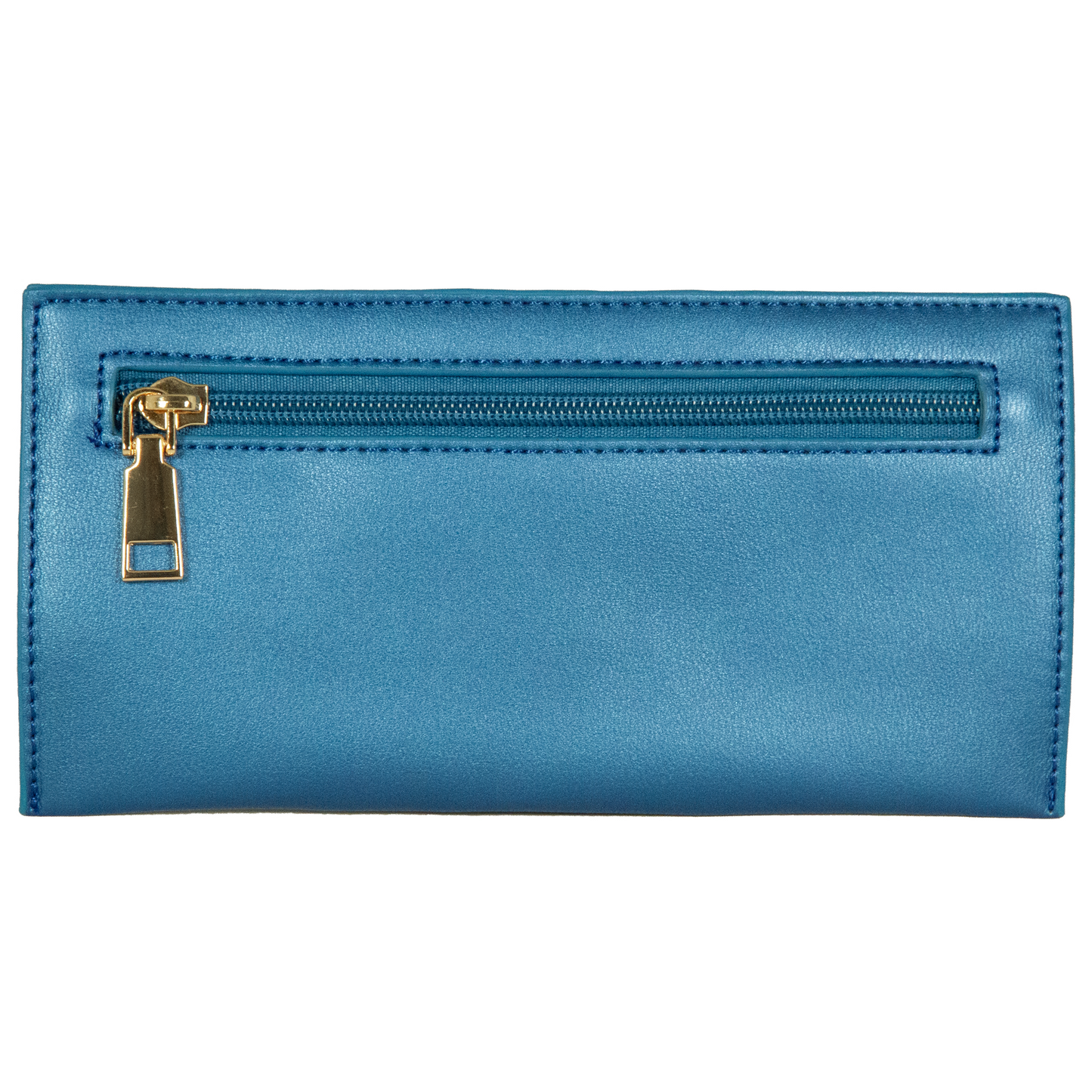 Blue wallet with a gold zipper on a white background