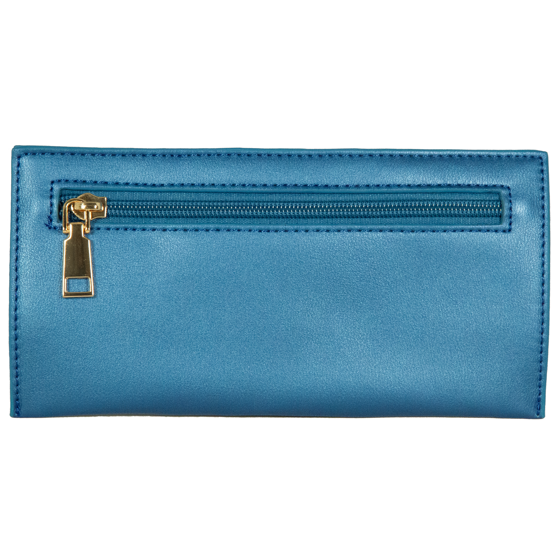Blue wallet with a gold zipper on a white background
