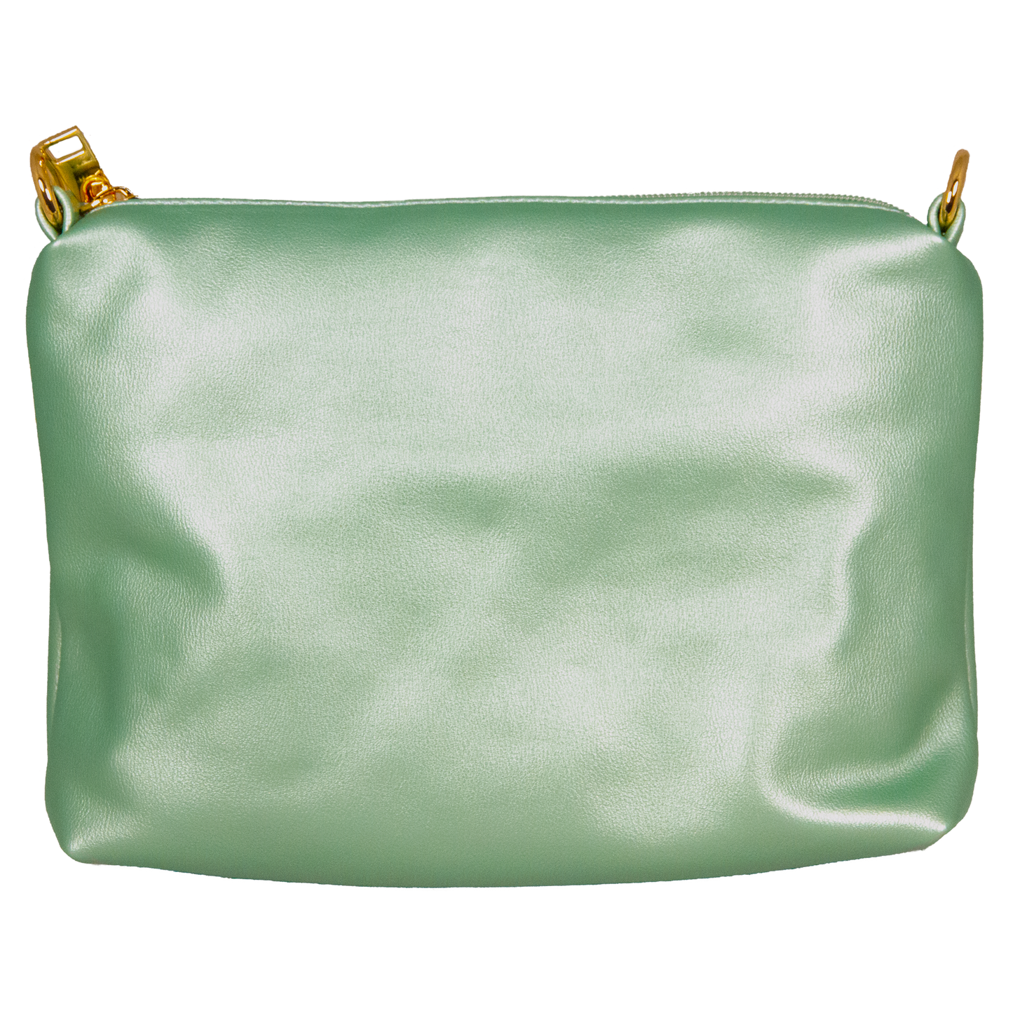 Green clutch bag with gold zipper on a white background