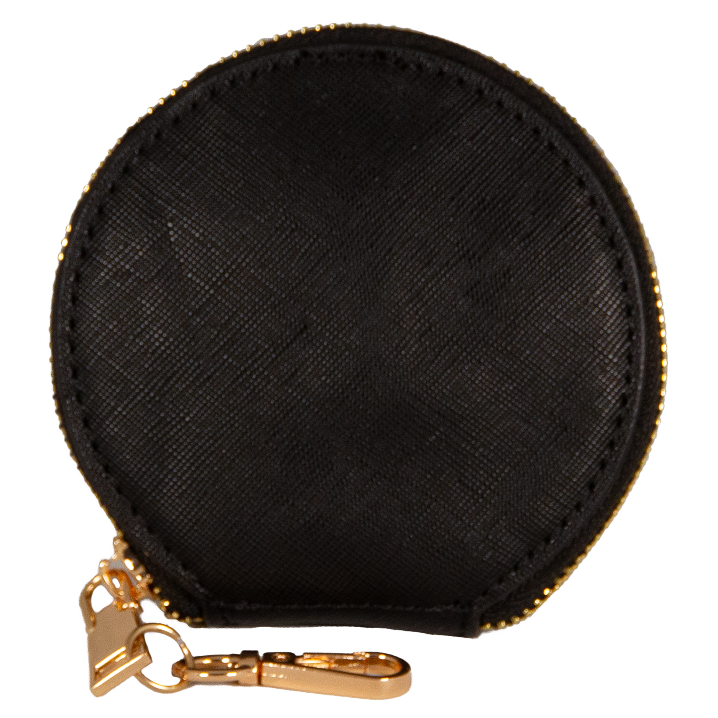 Black round zippered pouch with gold zipper on a white background