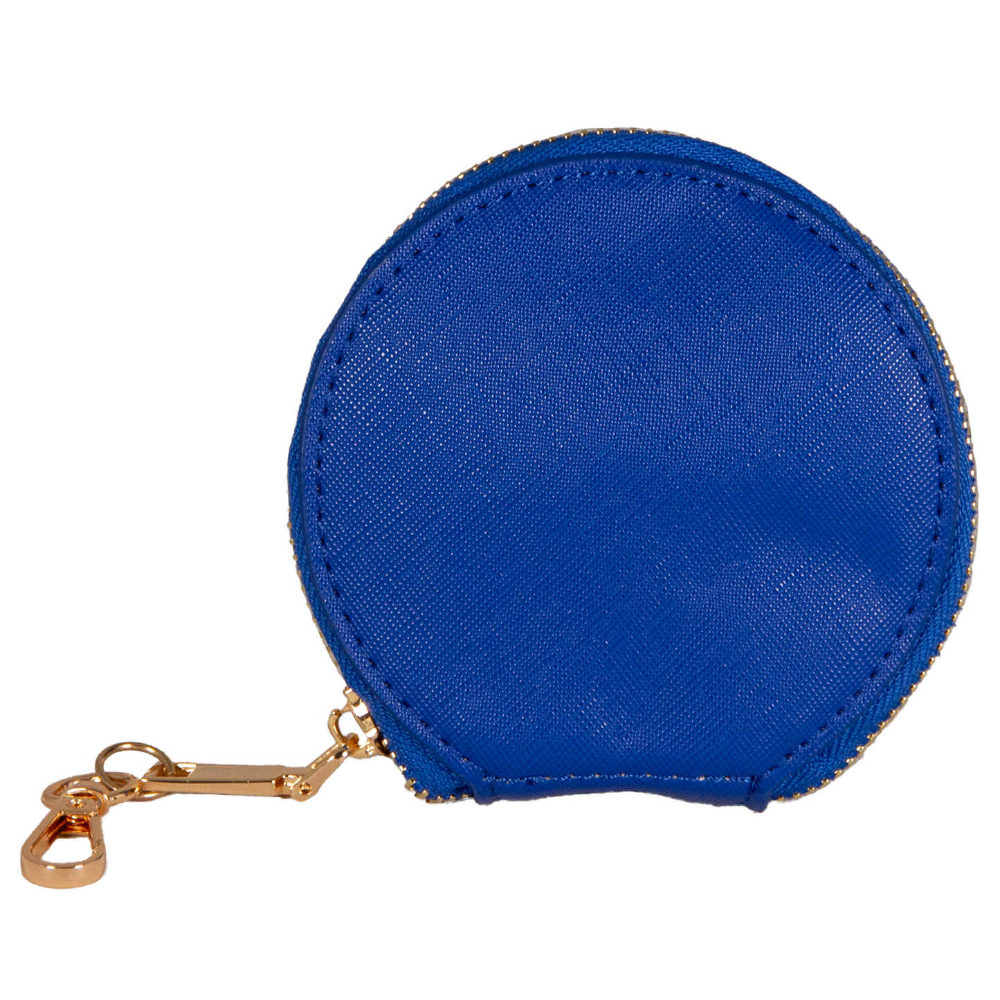 Blue round coin purse with gold zipper and keychain on a white background