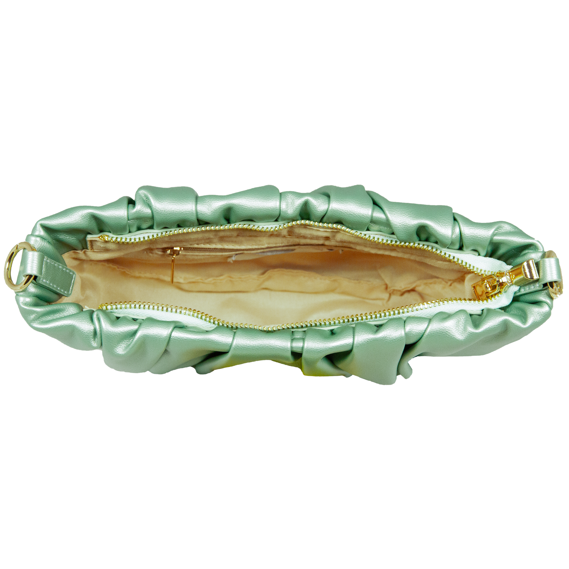 Green satin clutch bag with gold zipper on a white background