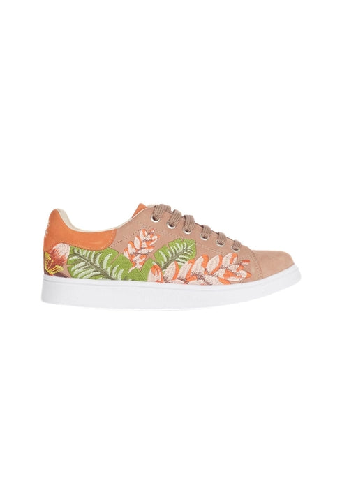 Tan sneaker with floral pattern on a white background