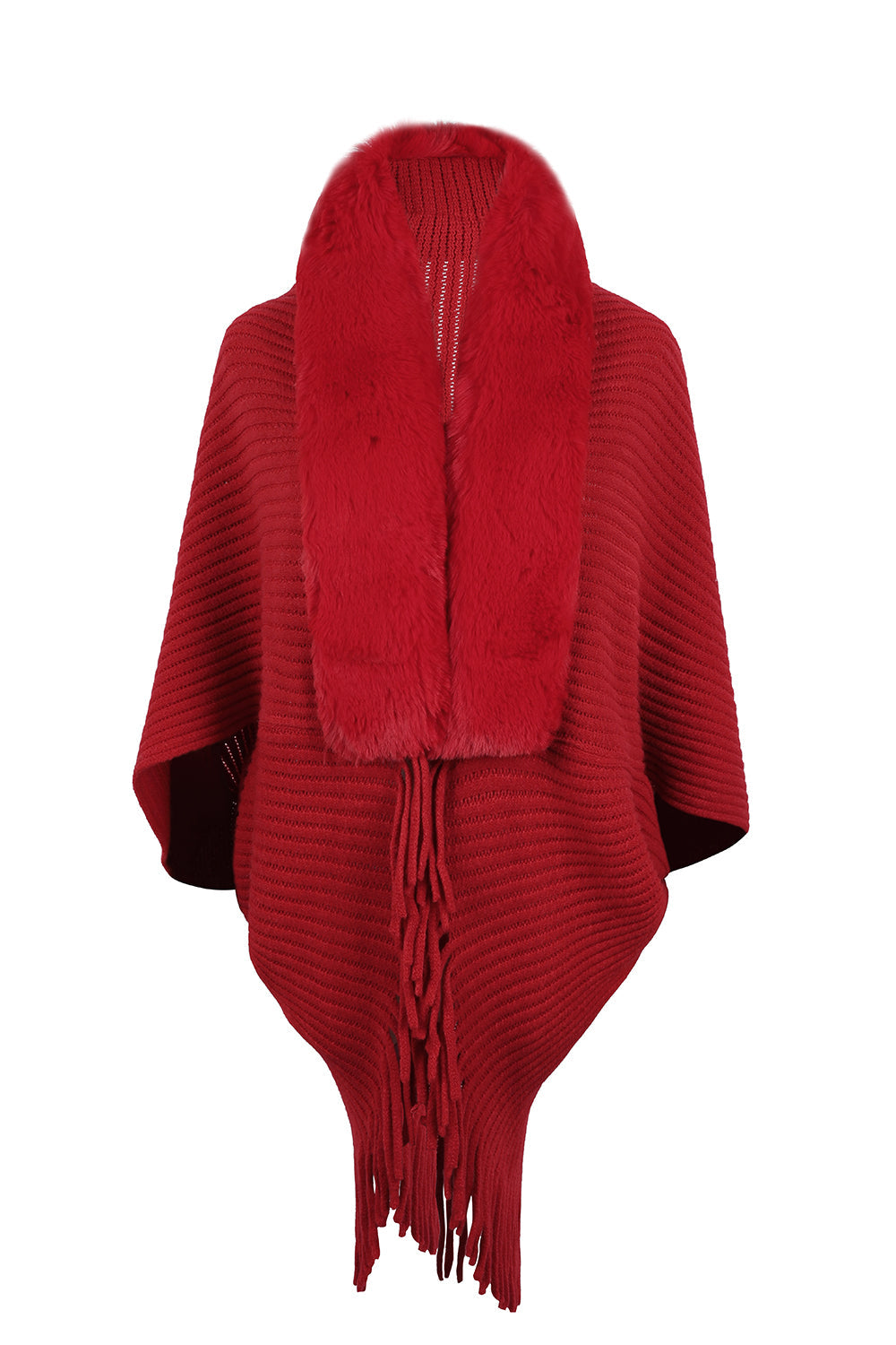 Red poncho with fur collar and fringe details on a white background