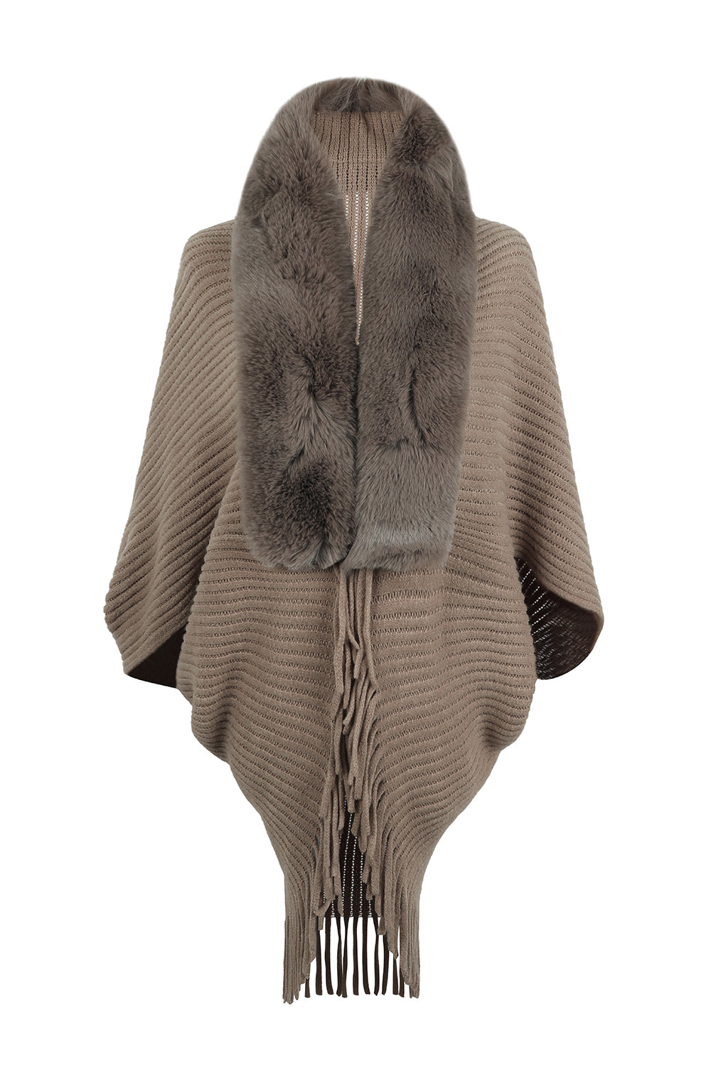 Brown poncho with fur accents and fringes on a white background