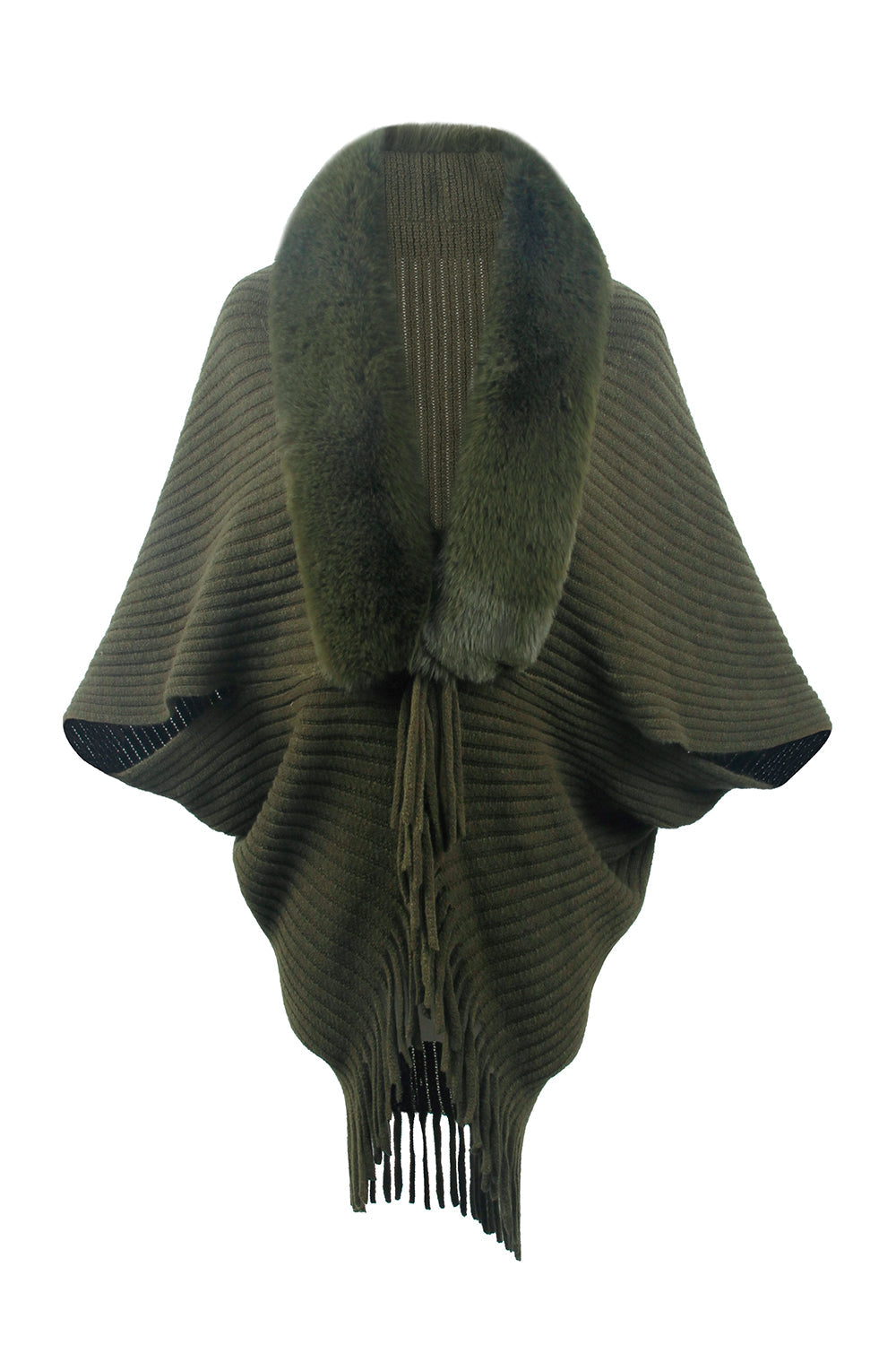Green poncho with fur trim on a white background