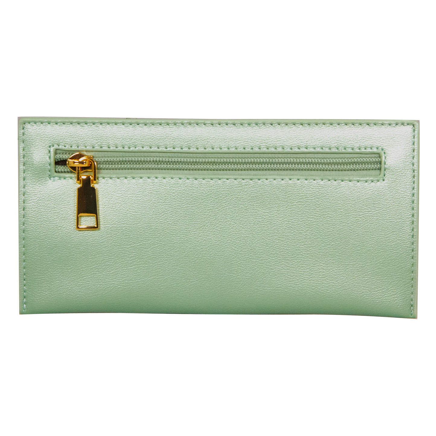 Light green wallet with a gold zipper on a white background