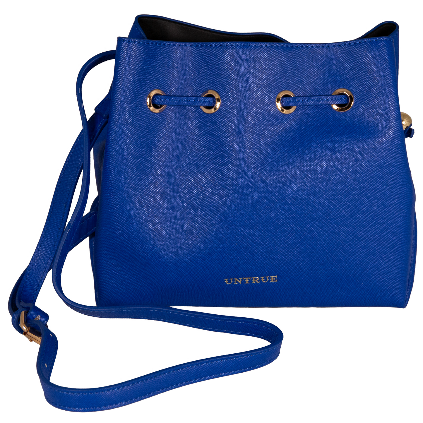 Blue handbag with a strap on a white background