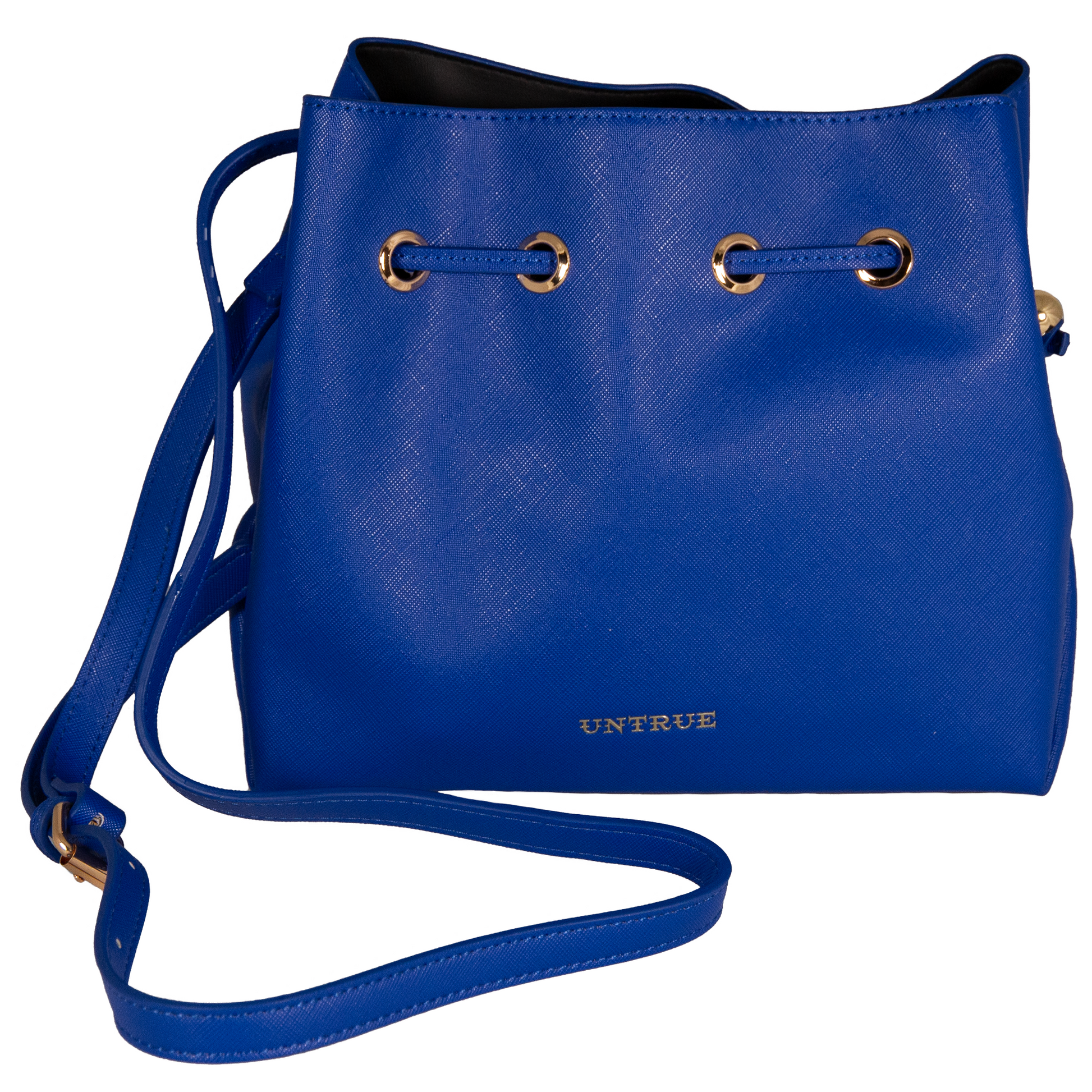 Blue handbag with a strap on a white background