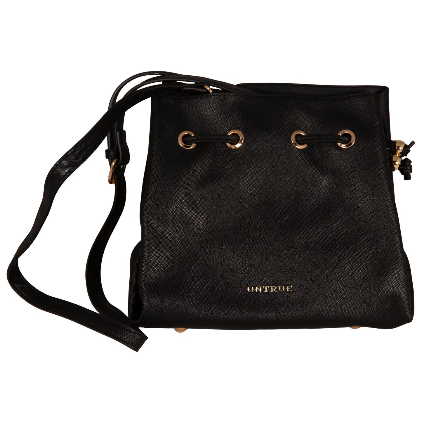 Black handbag with drawstring closure and branding on a white background