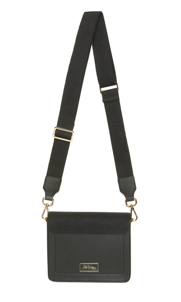 Black crossbody bag with a strap on a white background
