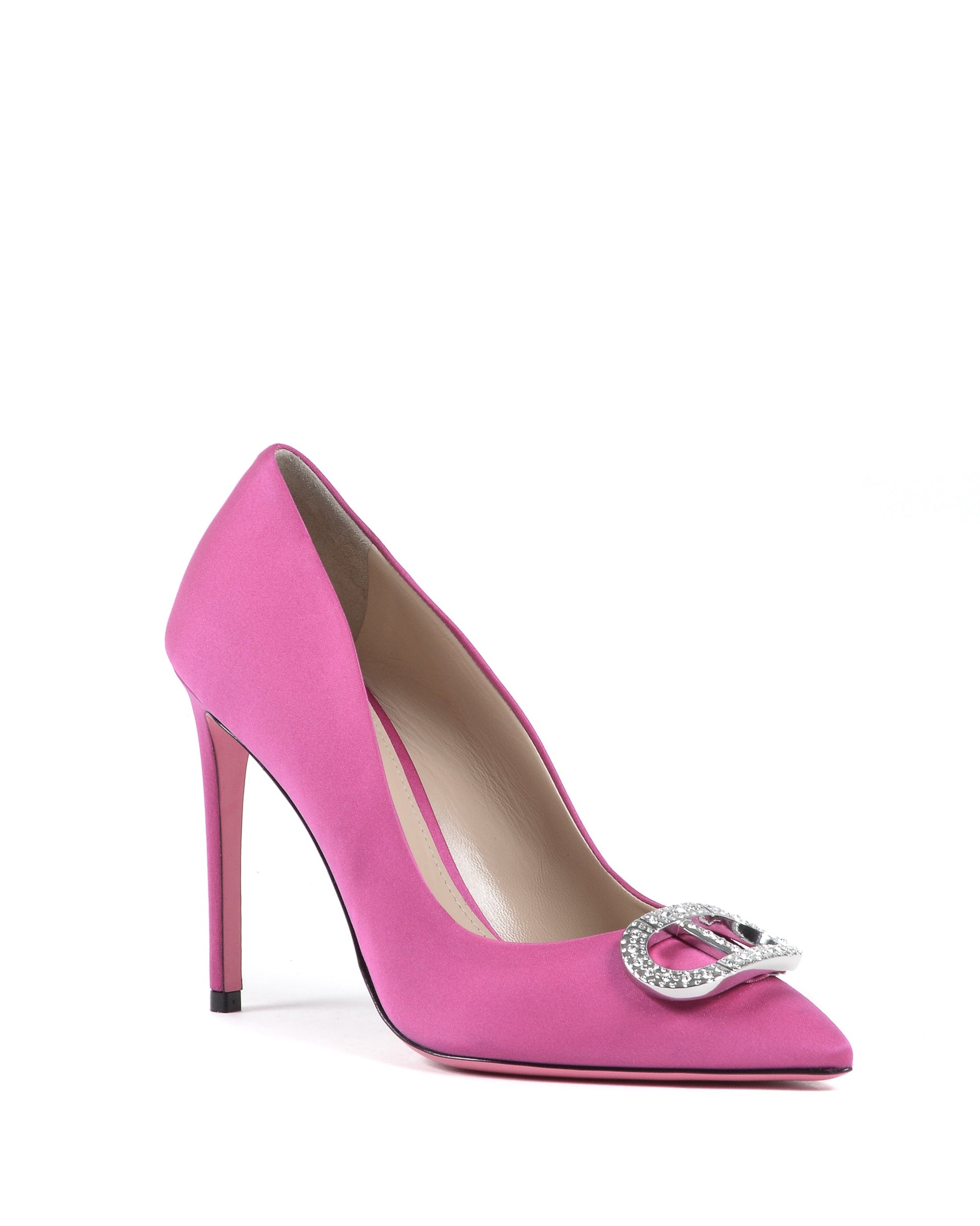 Pink high-heeled shoe with a decorative buckle on a white background