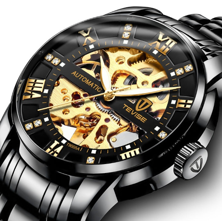 Luxury watch with black and gold design, brand 'TEVISE' visible