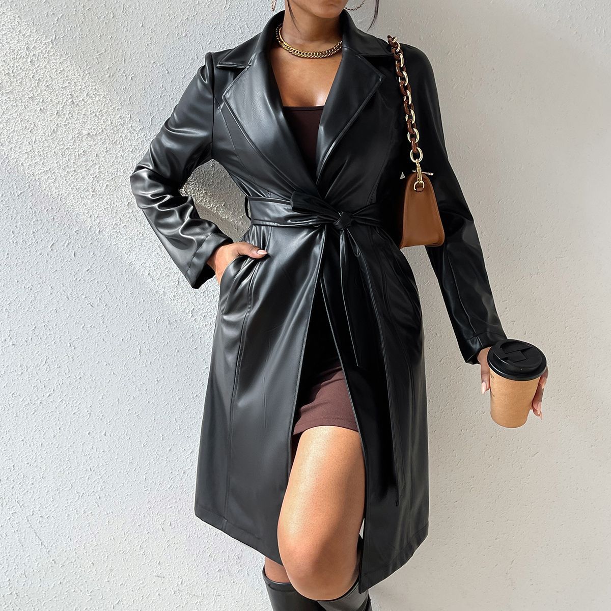 Women's PU Leather Trench Coat with Pockets