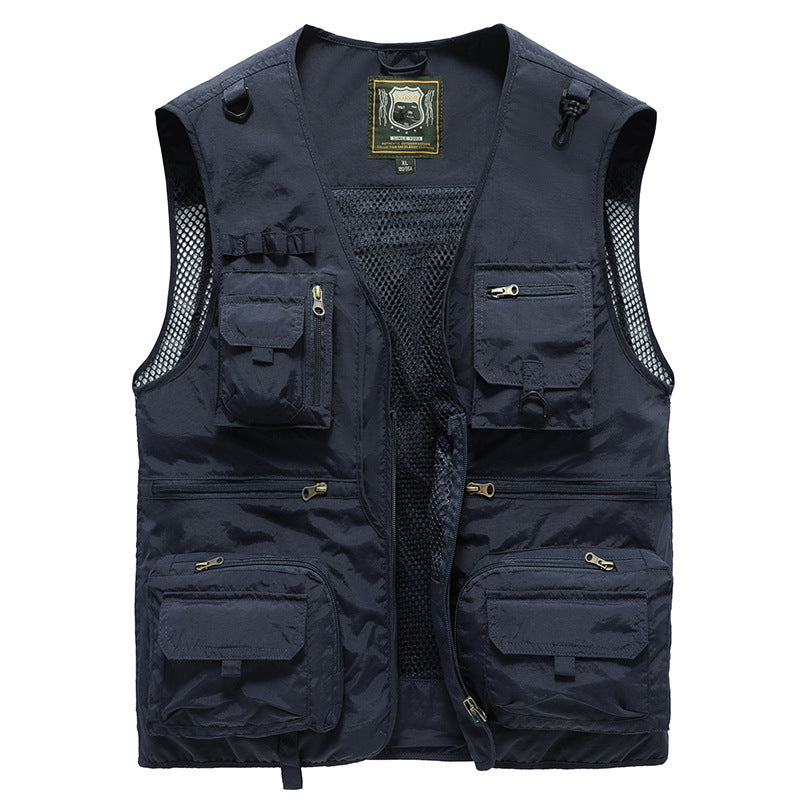 Navy blue vest with multiple pockets on a white background