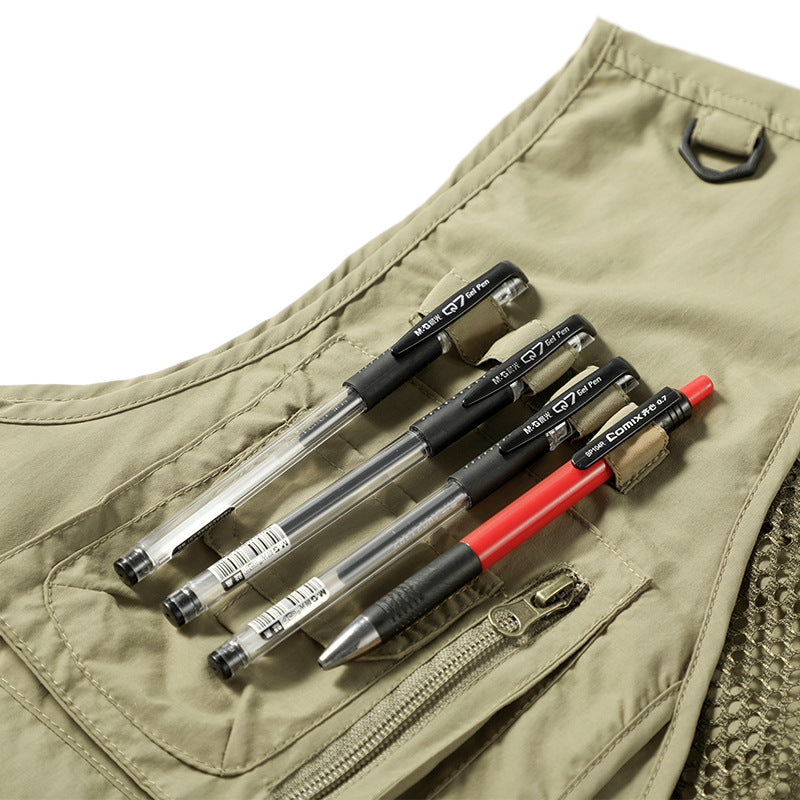 Set of pens in a pocket with a beige jacket background