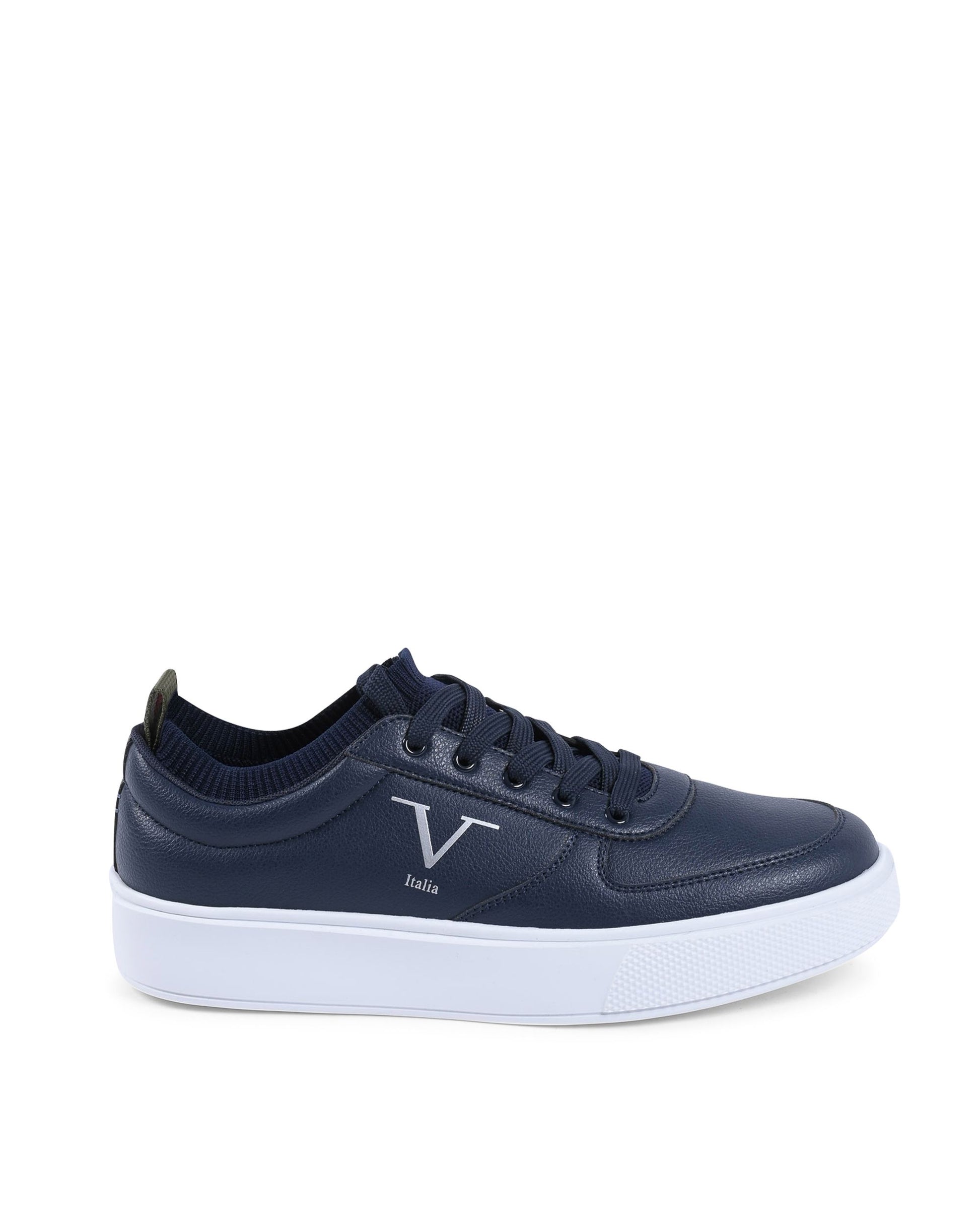Navy blue sneaker with a white sole on a white background