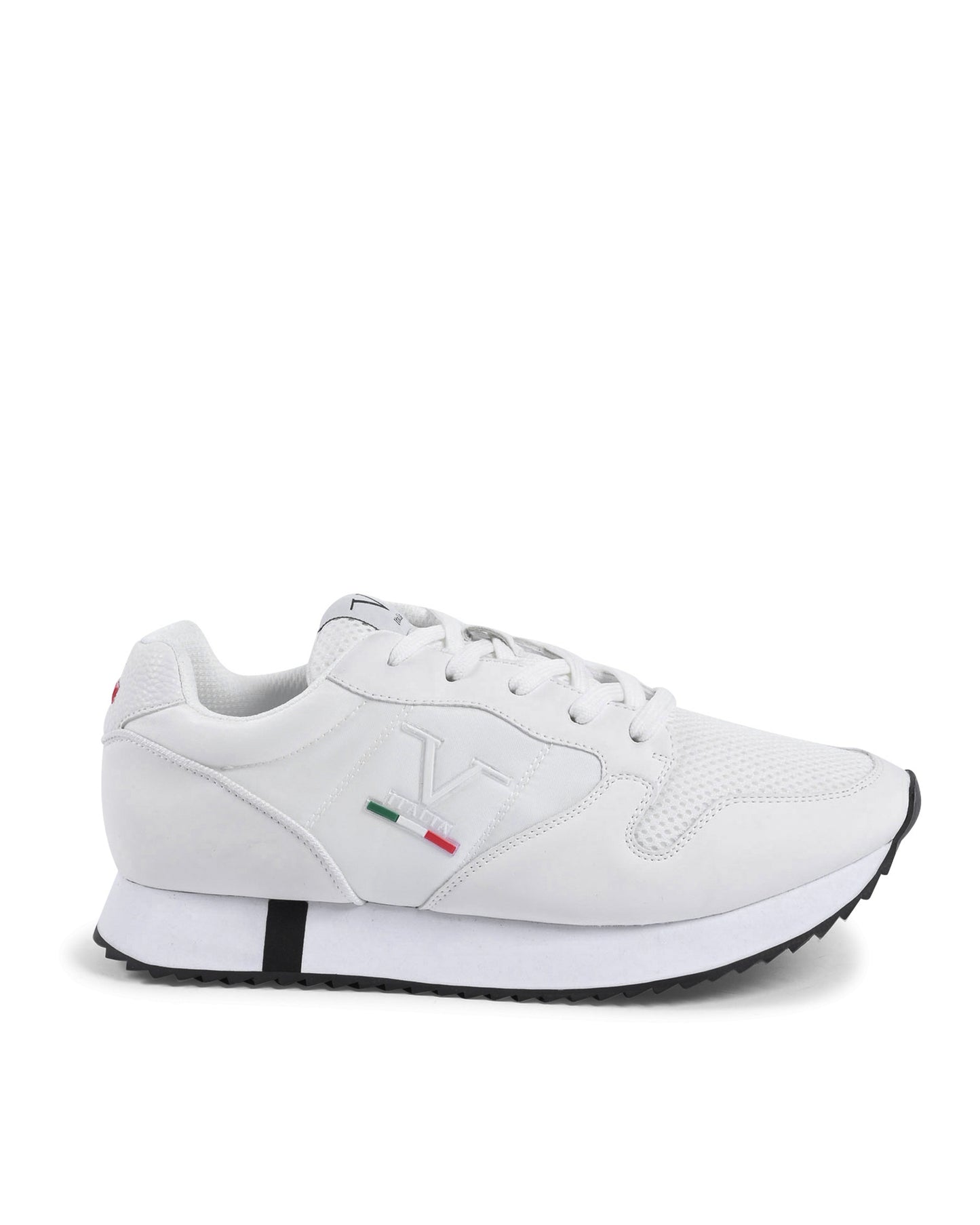 White sneaker with brand logo on a white background