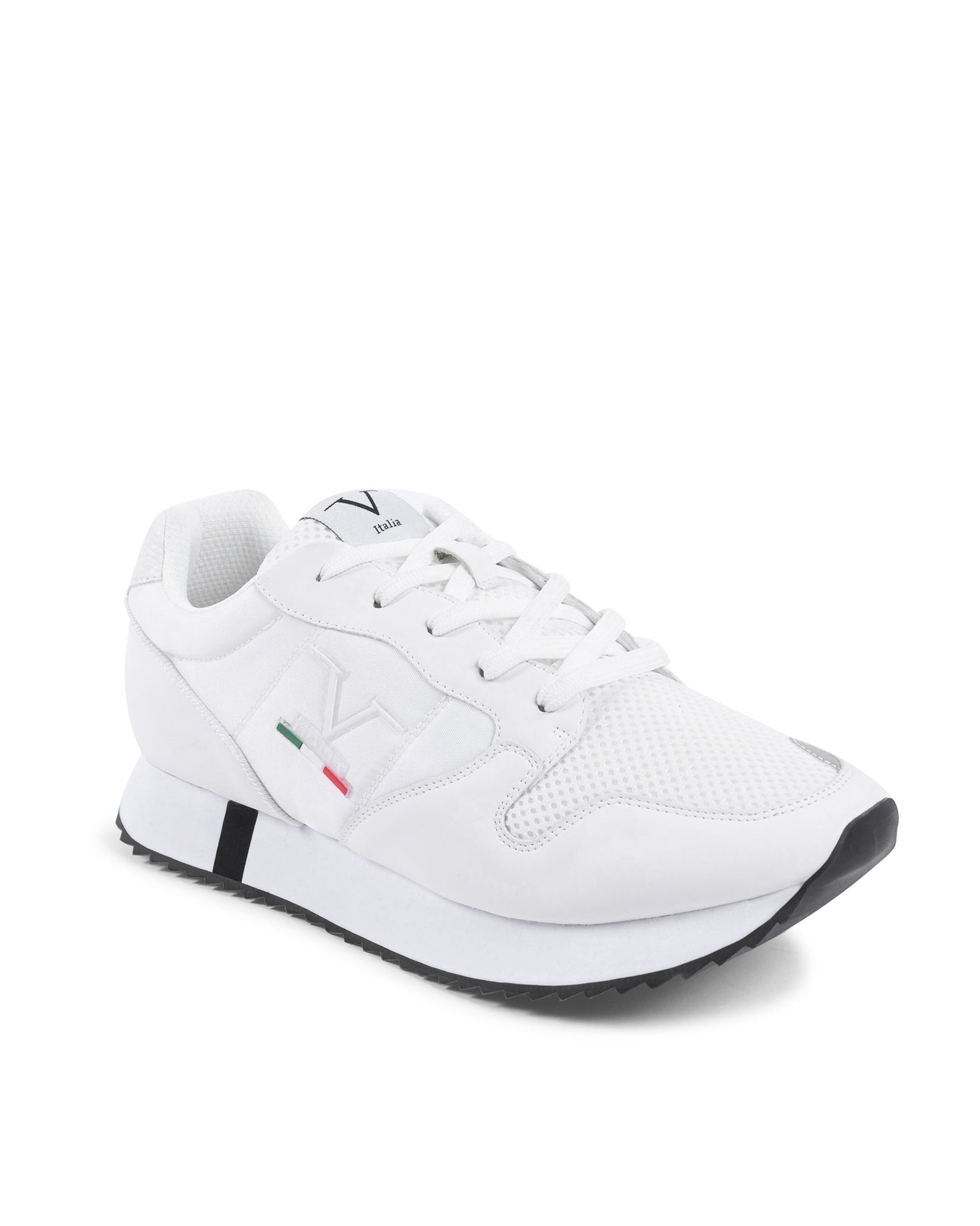 White sneaker with a brand logo on a white background