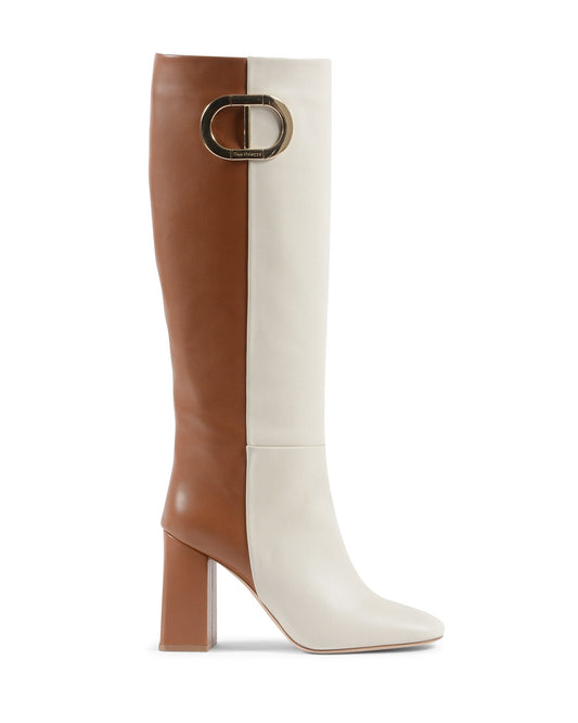 Brown and white knee-high boot with a gold buckle on a white background