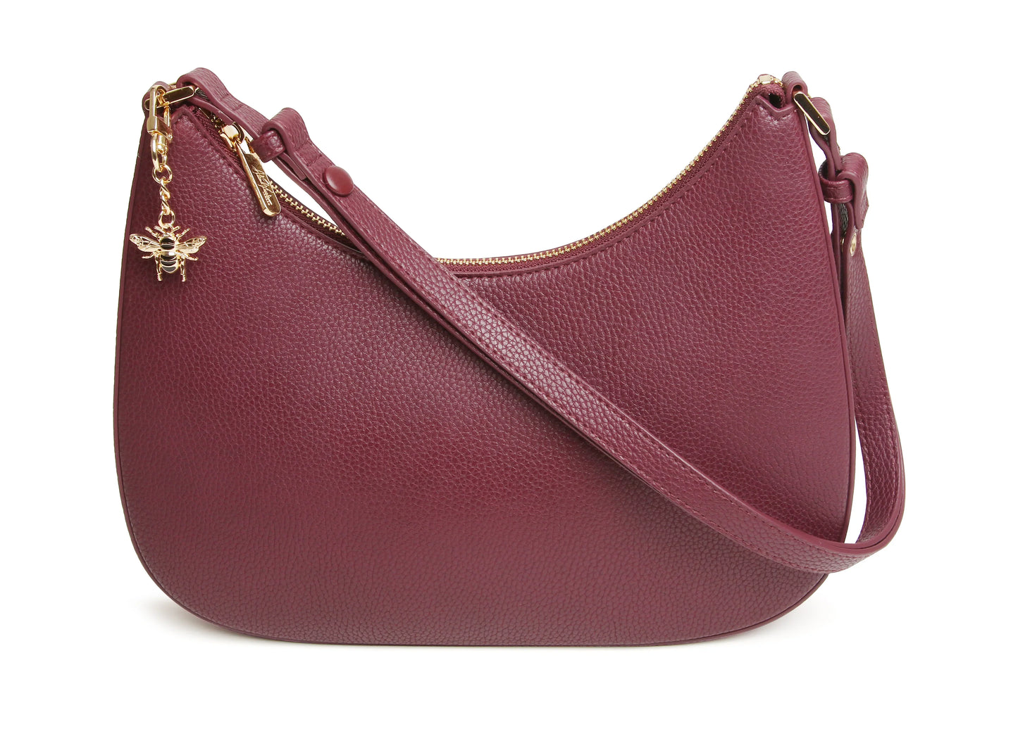 Maroon handbag with gold chain detail on a white background