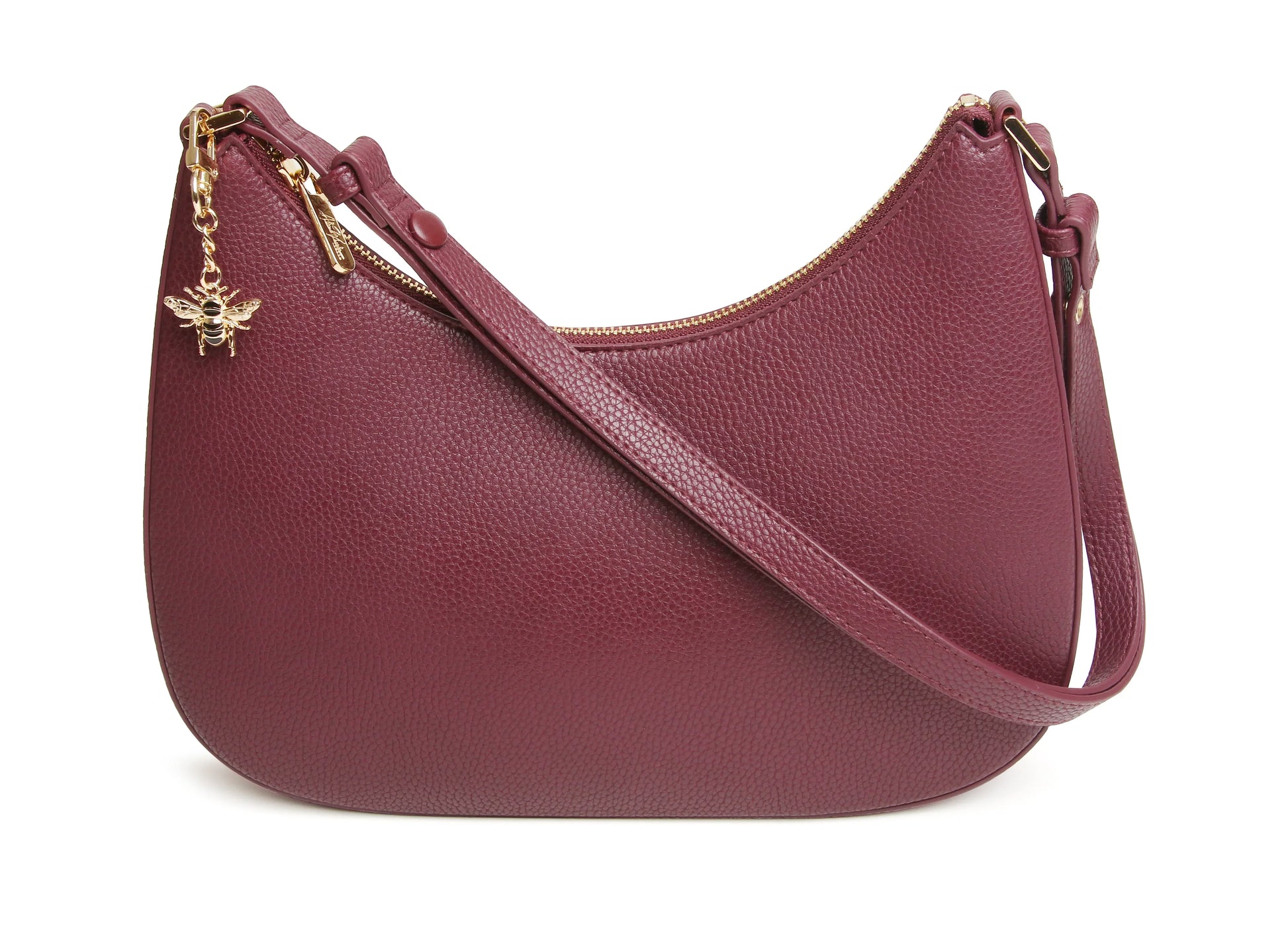 Maroon handbag with gold chain detail on a white background