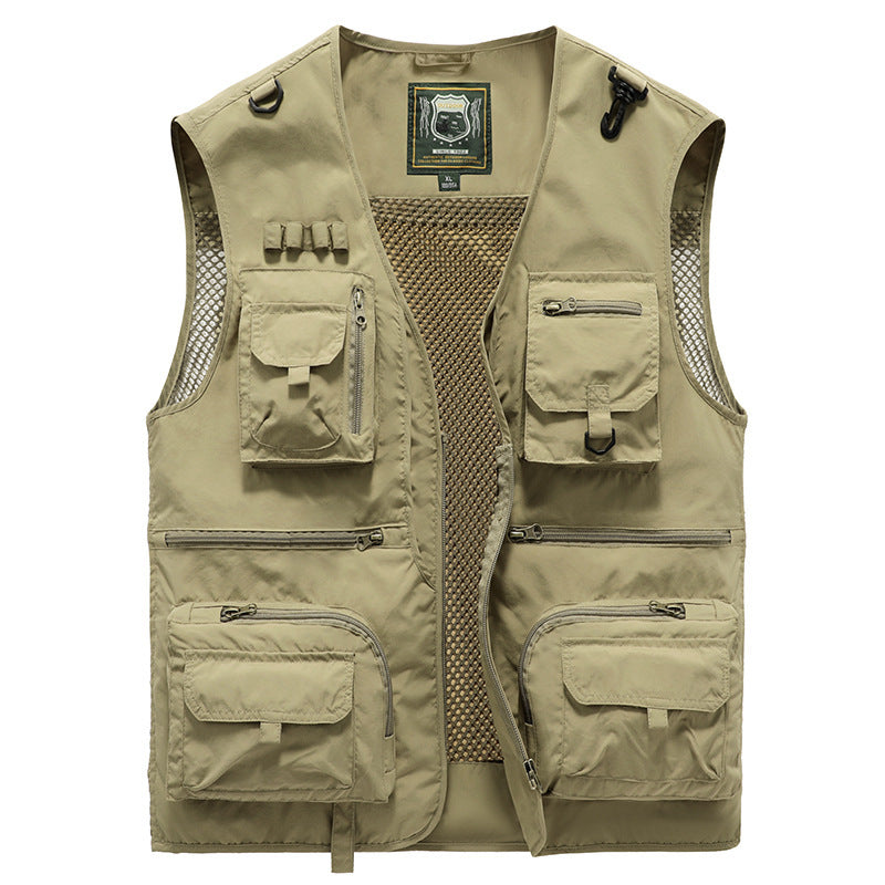 Beige vest with multiple pockets and a mesh back on a white background