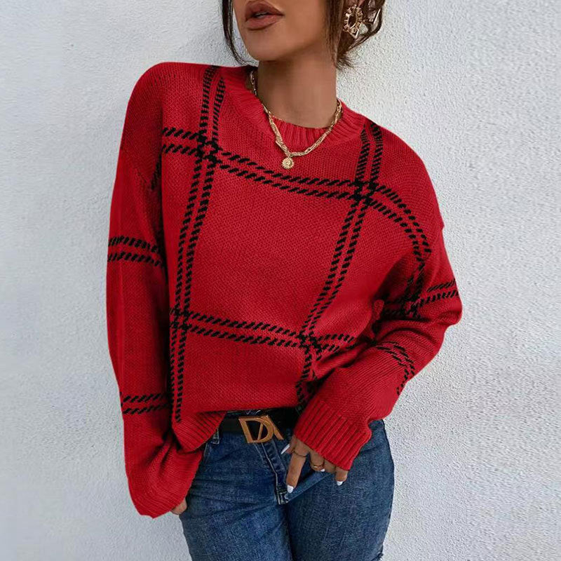Women's Plaid Color Block Crew Neck Sweater