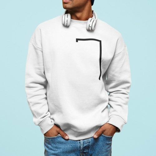 Person wearing a white sweatshirt with a black design on a light blue background