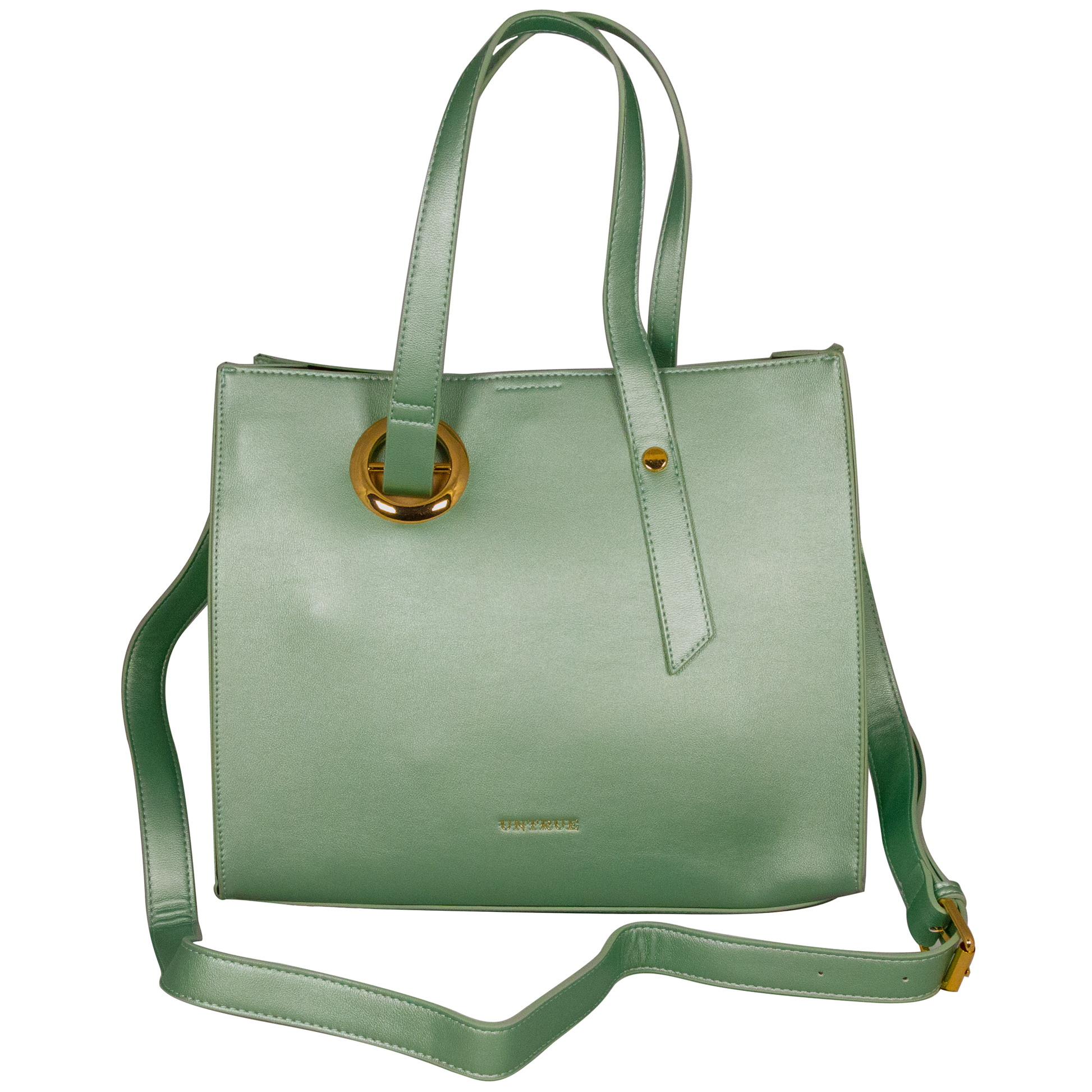 Green handbag with a gold clasp on a white background