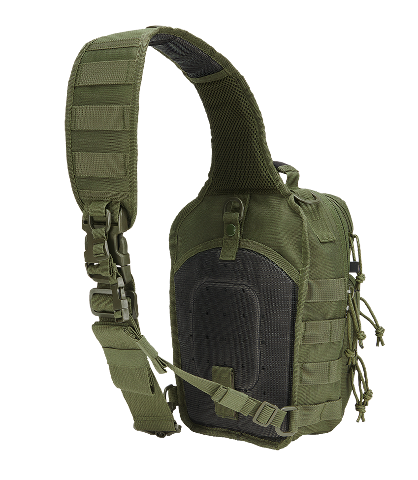 Green tactical sling bag with black accent on a white background