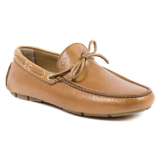 Tan leather loafer shoe on a white background